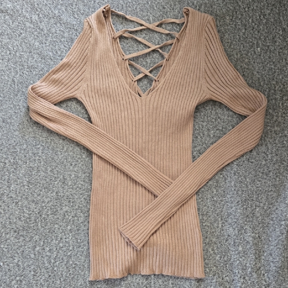 Ambiance Women's Tan Ribbed Knit Top Size Small